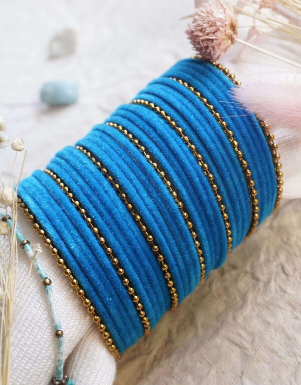 Sky Blue Velvet Golden Bangles Set